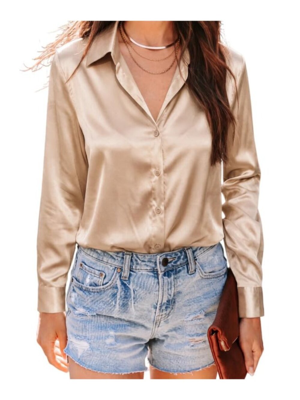 VICHYIE Women's Satin Button Down Shirt Long Sleeve Silky Blouse Office Top